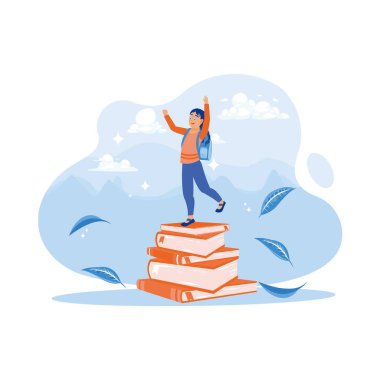 Okula dönün! Dışarıda bir kitap kulesinde duran çalışkan ve tatlı bir kız çocuğu. Eğitim konsepti. trend modern vektör düz illüstrasyon