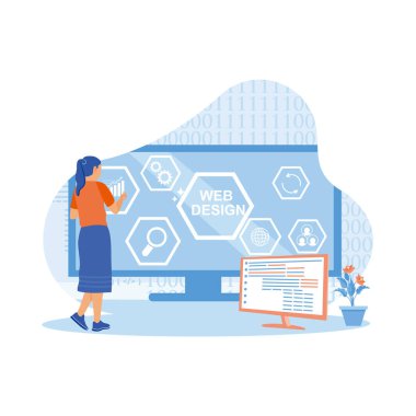 Bilgisayarın önünde modern bir ofiste çalışan genç bir kadın. İş, Teknoloji, İnternet ve ağ konsepti. Web tasarım konsepti. trend modern vektör düz illüstrasyon