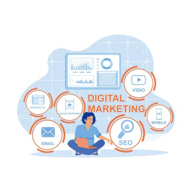 İş adamları dijital pazarlama kavramları yaratmak için dizüstü bilgisayar kullanır. Dizüstü bilgisayar ekran takım analizindeki pazarlama simgeleri yatırım (ROI) ve Pay Per Click (PPC) paneline geri döndü. Pazarlama konsepti. trend modern vektör düz illüstrasyon