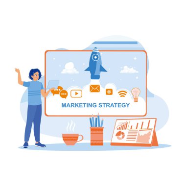 Genç iş adamları bir pazarlama stratejisi oluşturmak için dizüstü bilgisayar kullanıyorlar. Bilgisayar ekranında pazarlama stratejisi ve roket simgeleri görünüyor. Pazarlama konsepti. trend modern vektör düz illüstrasyon