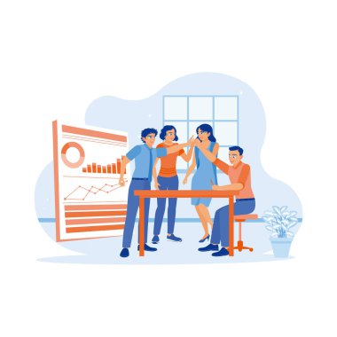 İş ekibi bir toplantı düzenliyor ve ofiste birlikte tartışıyorlar. İş adamları başarılı olduktan sonra birbirlerine beşlik çakıyorlar. Takım çalışması toplantısı konsepti. trend modern vektör düz illüstrasyon