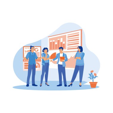 İş ekibi ofisin içinde bekliyor. Gezici uygulama yazılım tasarımı projelerinde birbirleriyle tartışıp beyin fırtınası yapıyorlar. Takım çalışması toplantısı konsepti. trend modern vektör düz illüstrasyon