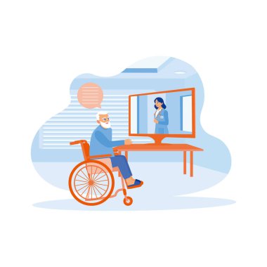 Tekerlekli sandalyedeki yaşlı bir adam laptopta video görüşmesi yapıyor. Kıdemli adam evdeki genç bir kadın doktora danışmanlık yapıyor. Doktor evde yaşlı bir hastayla konuşuyor. Modern vektör düz resimleme eğilimi