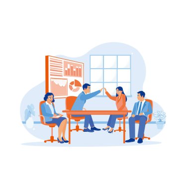 İş adamı ve asistanı toplantı odasında iş arkadaşlarıyla bir toplantı yapıyorlar. İş adamları ve iş arkadaşları karşılıklı anlaşmaya vardıktan sonra beşlik çakıyorlar. Başarı ve mutluluk takım çalışması konsepti. trend modern vektör düz illüstrati