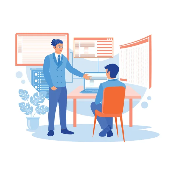 Young Programmer Developer Team Discussing Programming Computers Company Discuss Information — Stock Vector