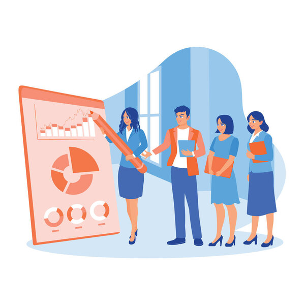 Male boss holding a presentation with a team of employees in the office. Conduct project presentations on flip charts at team training. Briefings concept. trend modern vector flat illustration