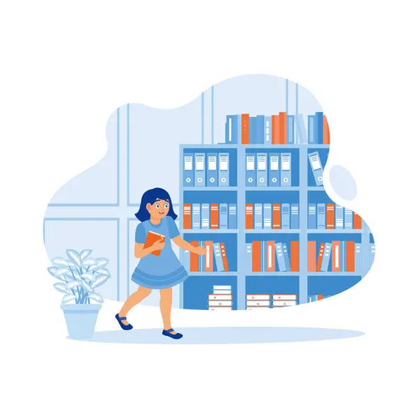 Cheerful Little Girl School Library Carried Book Stood Front Bookshelf — Stock Vector