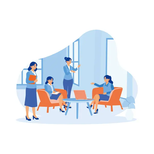 Happy businesswoman having a meeting in the office lobby. They are collaborating on a new project. Business people in office workplace concept. Trend Modern vector flat illustration