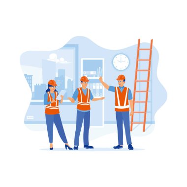 Mühendisler ve mimarlar bir evin iç inşaat sürecinde çalışırlar. İnşaat çalışmalarını incelerken bilgi kaydetmek için dijital tablet kullanmak. Bilgi kavramını tartışın. trend modern vektör düz illüstrasyon