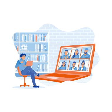 Genç iş adamı, meslektaşlarıyla bir dizüstü bilgisayar kullanarak çevrimiçi toplantı yapıyor. İş adamı video görüşmesi sırasında brifing veriyor. Brifing konsepti. trend modern vektör düz illüstrasyon