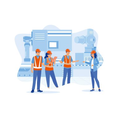 Kadın mühendis işe başlamadan önce iş arkadaşlarıyla bir toplantı yapıyor. Ağır endüstriyel üretim tesislerinde çalışıyorlar. Brifing konsepti. trend modern vektör düz illüstrasyon