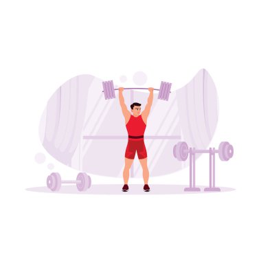 Modern spor salonunda güçlü ve aktif halterci eğitimi. O, iki eli başının üzerinde ağır bir halteri kaldırdı. Spor sporu konsepti. Modern vektör düz resimleme eğilimi