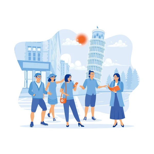 Multicultural Tourists Touring Pisa Italy Day Tourists Listen Guide Explanation — Stock Vector