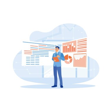 Ofiste dijital tablet tutan bir iş adamı. Dijital tablet ekranlarda ikili ve veri içeren mobil uygulamalar geliştiriliyor. APP kavramı yok eder. trend modern vektör düz illüstrasyon