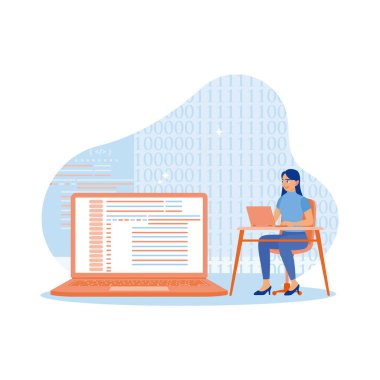 Modern ofiste dizüstü bilgisayarın önünde çalışan bir iş kadını. Yazılım üzerinde program geliştirmek için bir dizüstü bilgisayar kullanmak. Yazılım geliştiricileri konsepti. trend modern vektör düz illüstrasyon