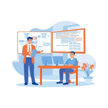 Elektronik geliştirme mühendisi müdürle konuştu ve yeni projeyi gösterdi. Sanal ekran bilgisayar ekranında CAD yazılımı kullanmak. Yazılım geliştiricileri konsepti. trend modern vektör düz illüstrasyon