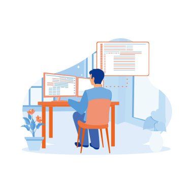 Bilgisayar mühendisleri ofiste programlama ve kodlama teknolojisi geliştiriyorlar. Bir yazılım geliştirme şirketinde çalışan programcılar. Yazılım geliştiricileri konsepti. trend modern vektör düz illüstrasyon