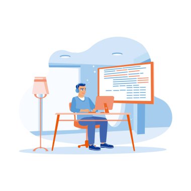 Evden çalışan genç bir adam. Bilgisayar dizüstü bilgisayarı kullanarak yazılım programlama kodu geliştiriyorum. Yazılım geliştiricileri konsepti. trend modern vektör düz illüstrasyon