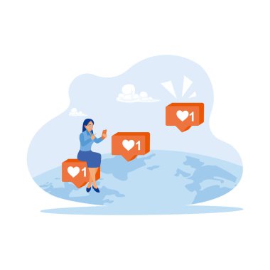 Cep telefonunda instagram telgrafı yazan mutlu kadın. Bir kadın bir blokta oturmuş dünya haritasında kalp sembolü çiziyor. Web tasarım konsepti. trend modern vektör düz illüstrasyon