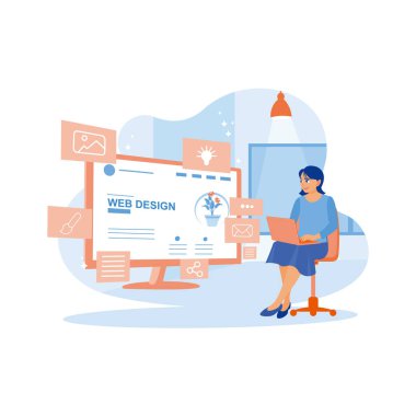 Bir iş kadını geceleri evde dizüstü bilgisayarın önünde çalışır. Bilgisayar ekranının etrafında uçan modüllerin web sayfalarını birleştir. Web tasarım konsepti. trend modern vektör düz illüstrasyon