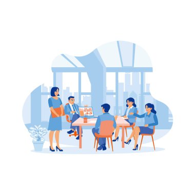 Çeşitli iş adamları ofiste bir toplantı düzenliyor. Modern ofisteki görüşmelerde birlikte çalışın ve birbirinizle tartışın. İş yerindeki iş adamları konsepti. trend modern vektör düz illüstrasyon