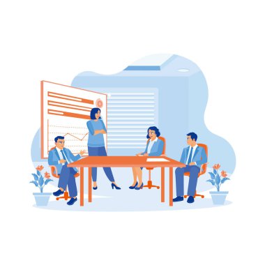 Kıdemli kadın CEO ve çok kültürlü iş adamları toplantı masasında şirket sunumunu tartışıyor. Modern ofiste çalışan çeşitli çalışma grupları. İş yerindeki iş adamları konsepti. trend modern vektör düz illüstrasyon