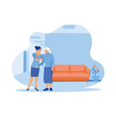 Genç bir dadı yaşlı bir kadının evde yürümesine yardımcı olur. Hasta huzurevinde tedavi görüyordu. Yaşlı hasta konsepti. Modern vektör düz resimleme eğilimi