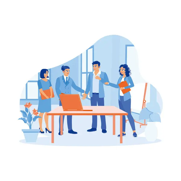 A diverse group of business people use laptops during meetings in the office. Work together on a new project. Business people in office workplace concept. trend modern vector flat illustration