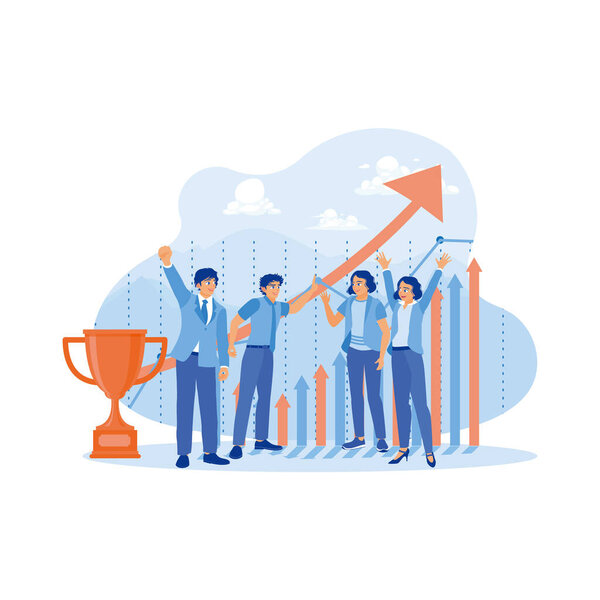 Успешная и счастливая бизнес-команда в современном офисе. Встаньте и веселитесь вместе, празднуя их успех. Концепция успешной и счастливой совместной работы. современная векторная плоская иллюстрация