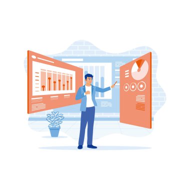 CEO girişimci yatırımcı ve girişimcilerle yaptığı toplantılarda projektör ekranı kullanıyor. Projektör ekranında grafikler, veriler ve ürün satış istatistikleri gösterilir. Büyüme Analizi Konsepti. trend modern vektör düz illüstrasyon