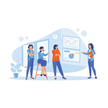 Kadın analist, iktisatçılardan oluşan bir ekiple bir sunum yapıyor. Grafikleri, büyümeyi, istatistikleri ve ofis mali verilerini analiz ederler. Büyüme Analizi Konsepti. Modern vektör düz resimleme eğilimi