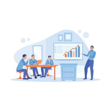 Şirket operasyon müdürü, çalışanlar ve yöneticilerle birlikte sunum yapıyor. Ürün satış grafiklerinin büyümesini analiz etmek için bir televizyon ekranı kullanmak. Büyüme Analizi Konsepti. Modern vektör düz resimleme eğilimi