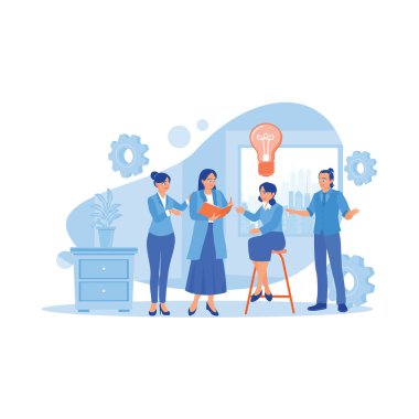 İş ekibi toplantı odasında toplanıyor. İş ekibi birlikte çalışıyor ve yeni projeler için iş fikirlerini tartışıyor. Bilgi kavramını tartışın. trend modern vektör düz illüstrasyon