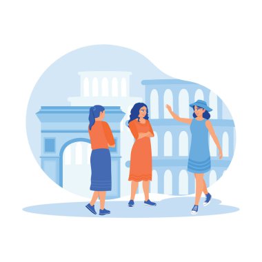 Turistler turneye çıkar. Turistler, yürüyüş turunda tur rehberi olarak çalışan bir kızın açıklamasını dinliyor. Turist rehberi konsepti. trend modern vektör düz illüstrasyon