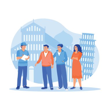 İtalya, Pisa 'da çeşitli turistler tatil yapıyor. Ünlü bir anıttan bahseden bir rehberi dinleyin. Turist rehberi konsepti. trend modern vektör düz illüstrasyon