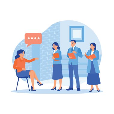 Şirket personeli şirket liderlerinin brifinglerini dinler ve not alır. Çalışmayı planlayın ve toplantılarda işbirliği projelerini tartışın. Brifing konsepti. trend modern vektör düz illüstrasyon