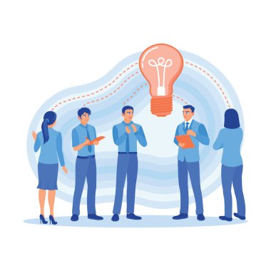 Yeni bir iş fikri yaratmak için birlikte çalışan bir grup çalışan. Fikir alışverişinde bulunmak ve fikir alışverişinde bulunmak. Brifing konsepti. trend modern vektör düz illüstrasyon