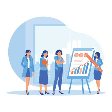 Kadın lider şirketin iş stratejisi hakkında bir sunum yapıyor. Ofisteki toplantılarda beyin fırtınası yapan ve fikirleri tartışan çalışma ekibi. Brifing konsepti. trend modern vektör düz illüstrasyon