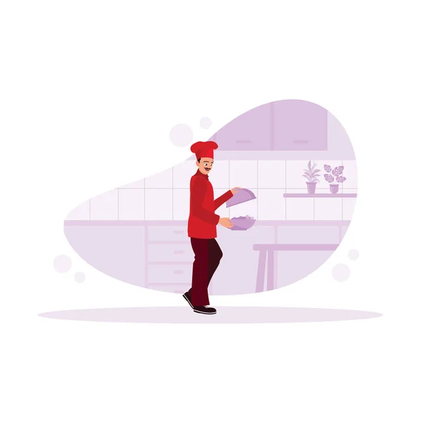 厨房里的男厨师头戴头巾做饭 提供美味的食物各种职业的人的概念 现代矢量平面插图 — 图库矢量图片