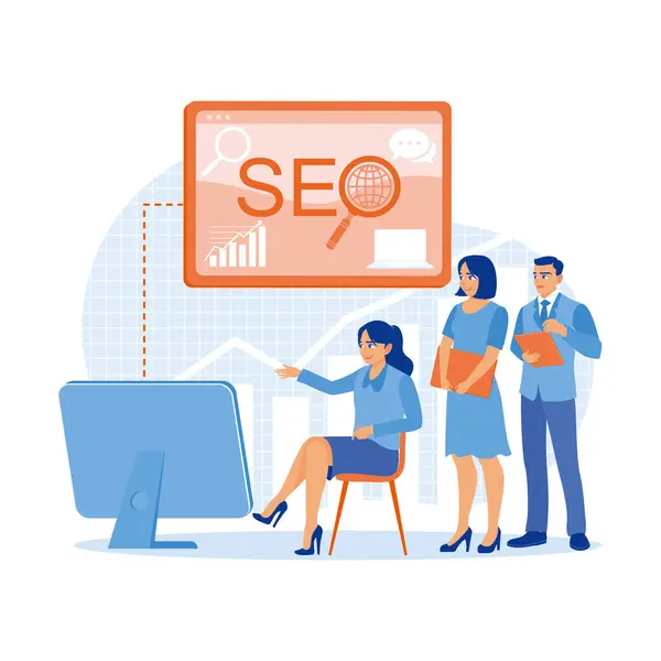 Pazarlama ekibi ofis odasında toplanıyor. Modern e-ticaret ve çevrimiçi perakende satış şirketleri için bilgisayar üzerinden SEO arama motorları optimize ediliyor. İkinci konsept. Modern vektör düz resimleme eğilimi
