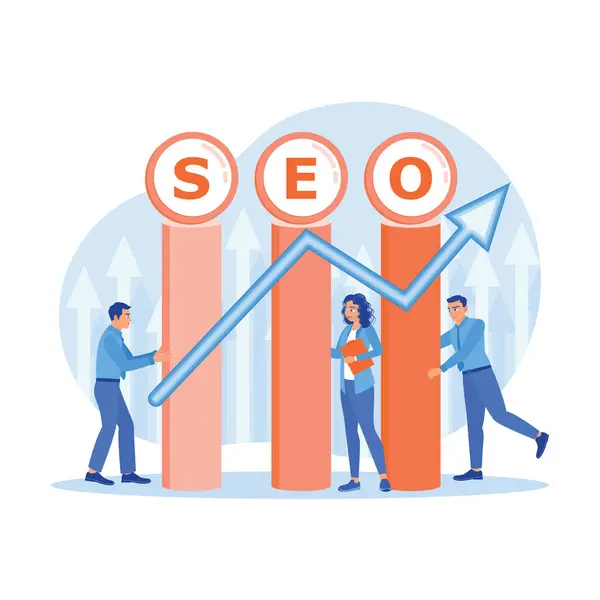SEO Arama Motoru optimizasyonu. Girişimciler web sitelerindeki trafiği sıralamak için web sitelerini optimize ediyorlar. İkinci konsept. trend modern vektör düz illüstrasyon