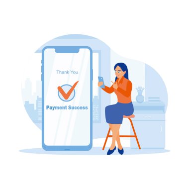 Evin içinde bir kadın sandalyede oturuyor. Onun siparişleri için online işlem yapmak için bir akıllı telefon uygulaması kullanıyor. Doğrulama Emri. Modern vektör düz resimleme eğilimi