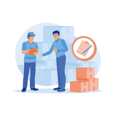 Depo fabrikasında çalışan bir adam. Malları teslim aldıktan sonra depo müdürü yükleme faturasını imzalar. Doğrulama Emri. Modern vektör düz resimleme eğilimi