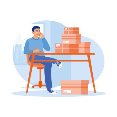 Mal teslimat şirketinin sahibi bir müşteriden telefon alır. İş adamı telefonda emirleri yazıyor ve onaylıyor. Doğrulama Emri. Modern vektör düz resimleme eğilimi