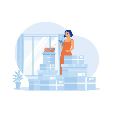 Kadın girişimciler iş girişimlerine evde başlarlar. KOBİ girişimcileri ürünleri müşterilere göndermeden önce cep telefonu kullanarak resimlerini çekerler. Doğrulama Emri. Modern vektör düz resimleme eğilimi