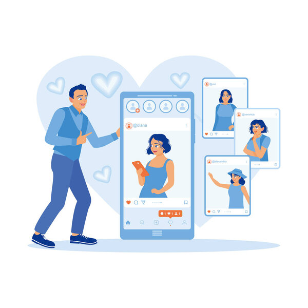 Красавчик заходит на сайт знакомств через смартфон. Мужчина болтает с подругой на экране смартфона. Концепция онлайн знакомств. Современная векторная плоская иллюстрация