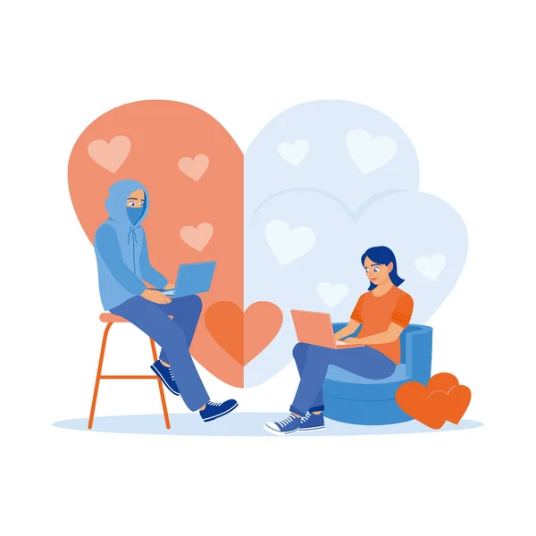 Young Woman Sitting Sofa House Online Dating Fake Boyfriend Internet — Stock Vector