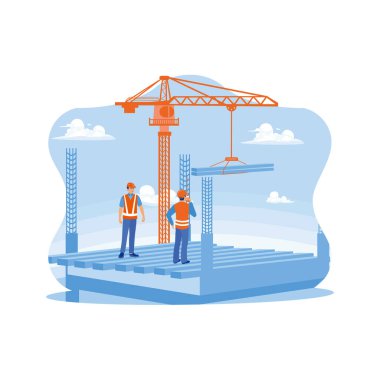 The construction team is on the building site. The architect engineer is talking on a two way radio. Crane machine lifting structural steel beams at the construction site. Architect and engineer construction concept. Trend Modern vector flat illustra