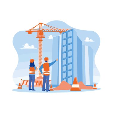 Discussion of construction engineers and architects on construction sites. Checking work on multi storey building construction projects. Architect and engineer construction concept. Trend Modern vector flat illustration