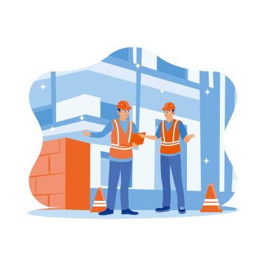 Two structural engineers inspect a commercial building construction site. Industrial building real estate project with a civil engineer. Experts examine retail building construction site concepts. Trend Modern vector flat illustration